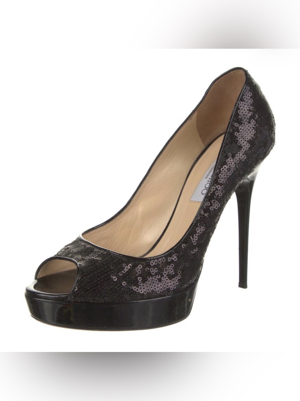 Jimmy Choo Black Sequin Peep-Toe Stiletto Pump with Platform